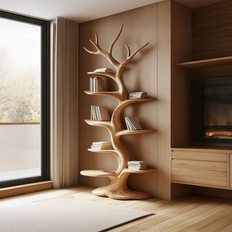 Spry Interior Rustic Tree Bookshelf, Solid Wood Large Wall Unit Bookcase & Handcrafted Floating Display Organizer for Living Room - SINLSATB318