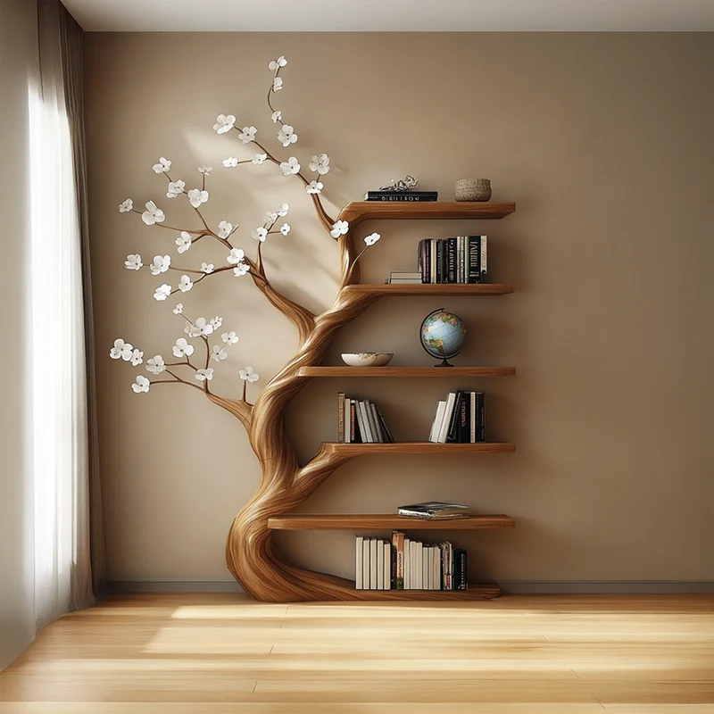 Spry Interior Rustic Tree Bookshelf, Handcrafted Solid Wood Flower Design Wall Mounted Bookcase & Floating Display for Living Room - SINLSATB315