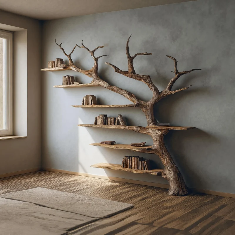 Spry Interior Rustic Branch Bookshelf, Handcrafted Solid Wood Wall Mounted Bookcase & Artistic Hanging Storage for Home Office Decor - SINLKITB322