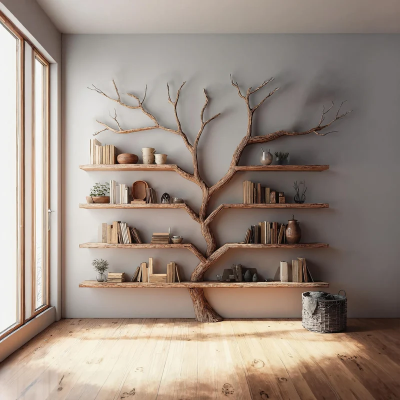 Spry Interior Rustic Tree Bookshelf, Handcrafted Solid Wood Wall Mounted Bookcase & Large Floating Display Shelf for Living Room Decor - SINLKITB321