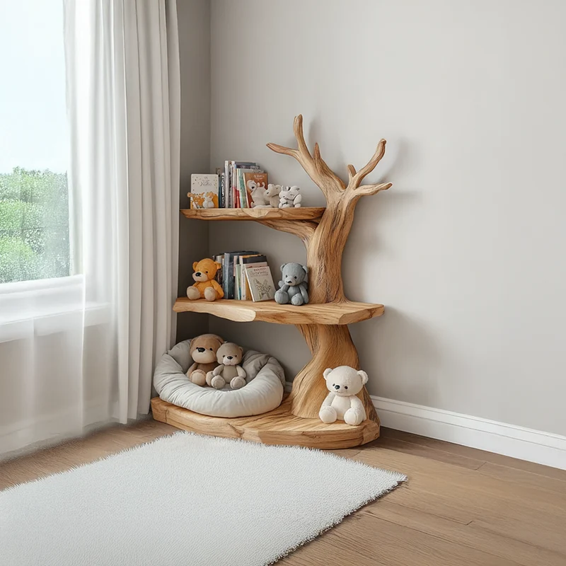 Spry Interior Rustic Corner Tree Bookshelf, Solid Wood Children Bedroom Wall Hanging Bookcase & Kids Floating Toy Organizer Shelf - SINLSATB320