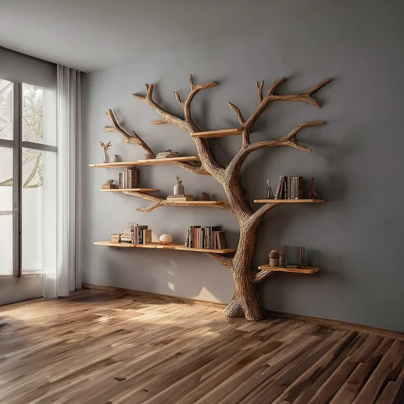 Spry Interior Rustic Artistic Tree Shelf, Solid Wood Wall Mounted Bookcase & Statement Wall Decor Organizer for Living Room & Study - SINLKITB325