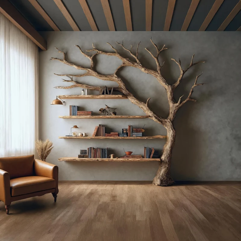 Spry Interior Rustic Wall Mounted Tree Shelf, Solid Wood Floating Bookcase & Artistic Hanging Organizer Unit for Living Room Wall Decor - SINLKITB324