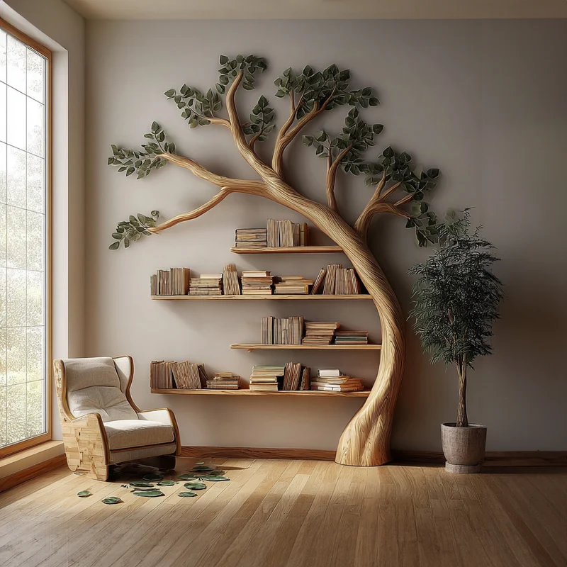 Spry Interior Rustic Branch Bookshelf, Solid Wood Wall Mounted Bookcase & Artistic Hanging Storage Unit for Living Room or Bedroom - SINLKITB330