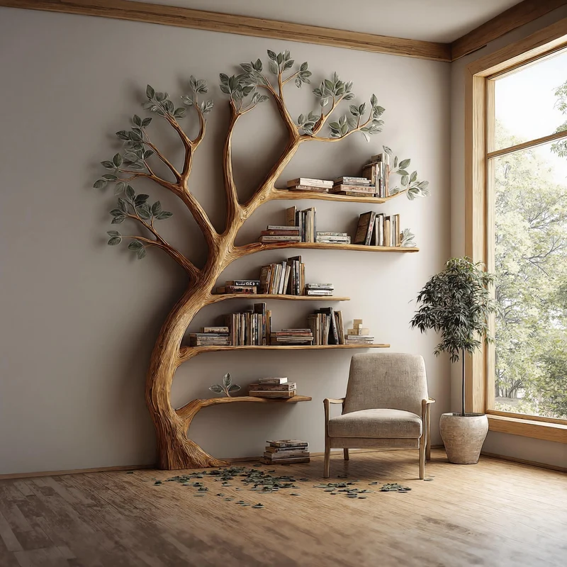 Spry Interior Rustic Branch Bookshelf, Handcrafted Solid Wood Wall Mounted Bookcase & Artistic Storage for Home Library, Living Room - SINLKITB329
