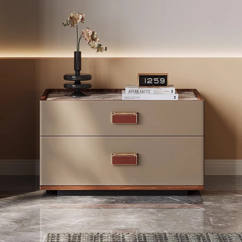 Modern Luxury Faux Leather Walnut Carbon Steel Stone Slab Rectangular Nightstand With 2 Drawers For Bedroom
