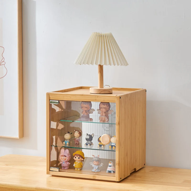 Modern Minimalist Bamboo Rectangular Display Rack With Glass Door 3-Tier Storage For Toys & Collectibles For Living Room & Bedroom