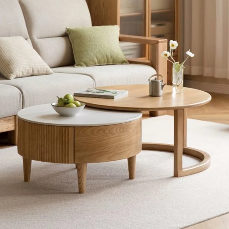 Contemporary Scandinavian Solid Wood & Plywood & Sintered Stone Round Coffee Table Set With Large Drawer Storage For Living Room