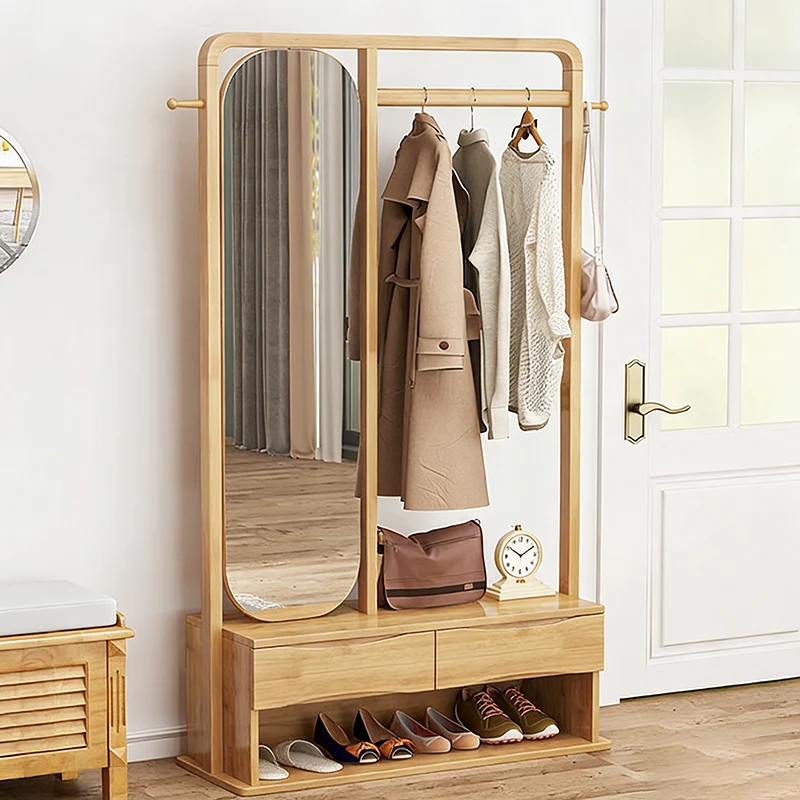 Modern Minimalist Solid Wood & Plywood Freestanding Hall Tree Coat Rack With Rotating Full-Length Mirror And 2 Drawers For Bedroom