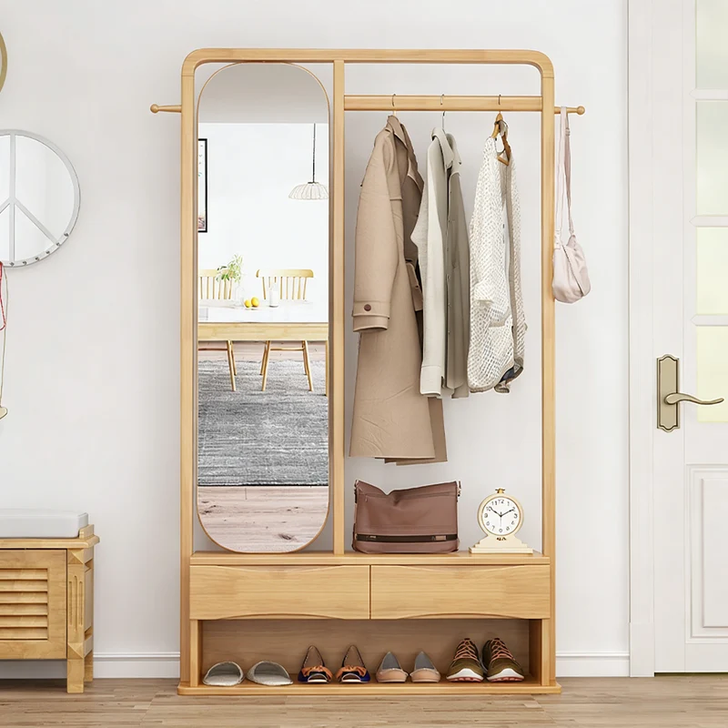 Modern Minimalist Solid Wood & Plywood Freestanding Hall Tree Coat Rack With Rotating Full-Length Mirror And 2 Drawers For Bedroom