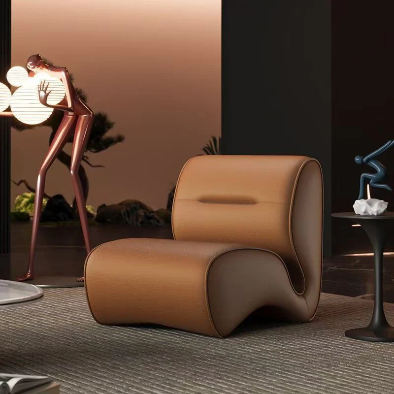 Modern Minimalist Cat-Scratch Leather Carbon Steel Rounded Accent Sofa With Backrest For Living Room & Bedroom