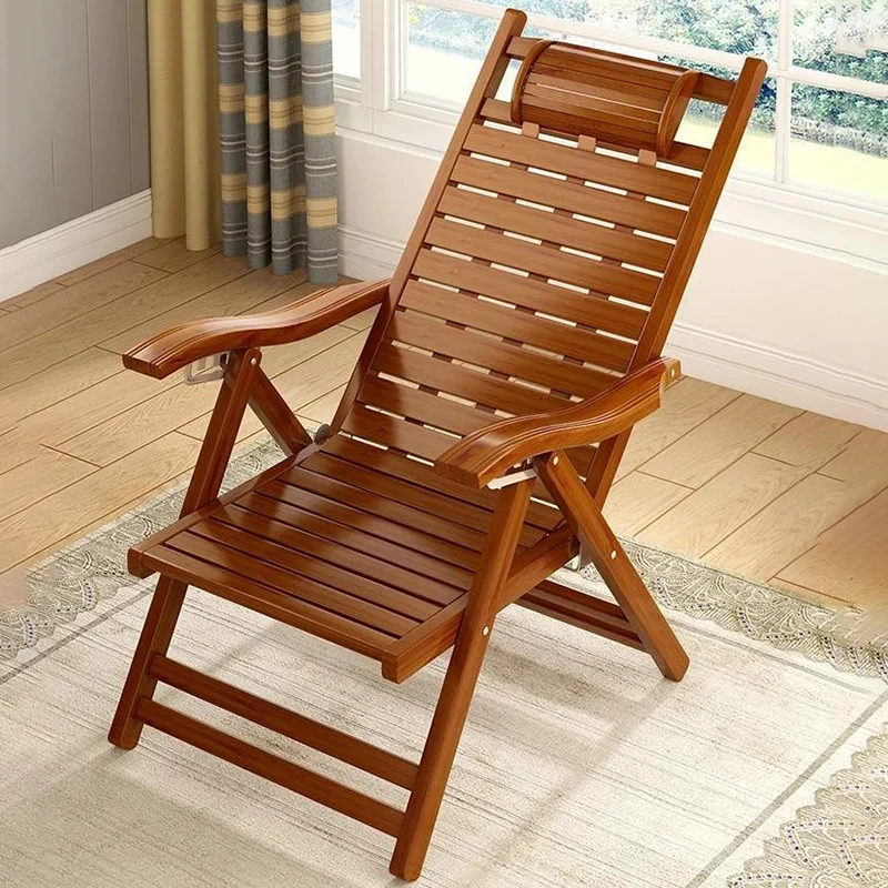 Traditional Chinese Bamboo Hollow Rectangular Folding Recliner Lounge Chair With Backrest Armrests For Living Room Balcony