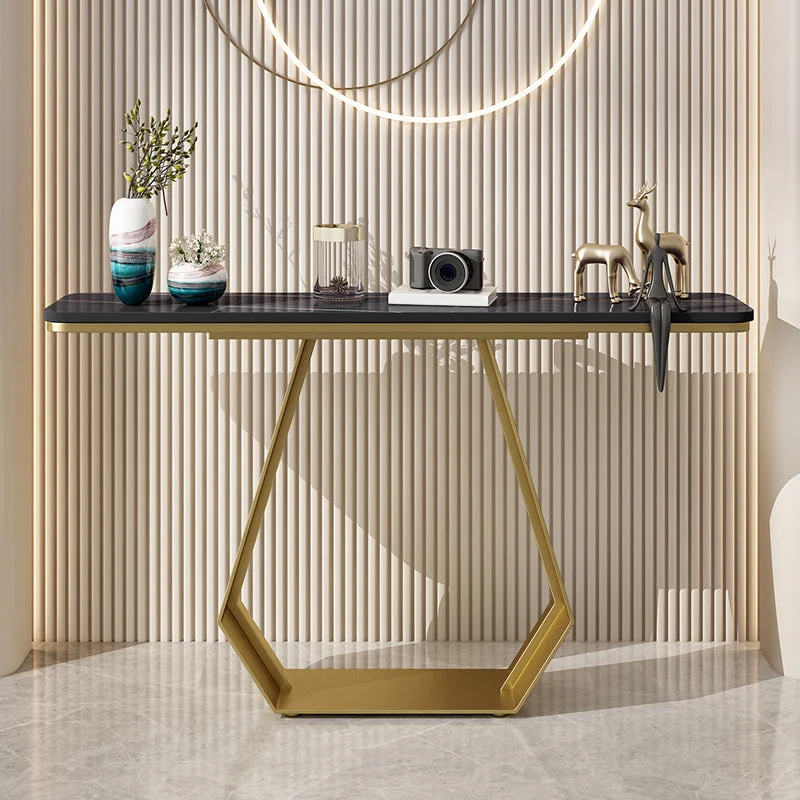 Glam Style Rectangle Top Accent Table with Iron Base and Stone Top
