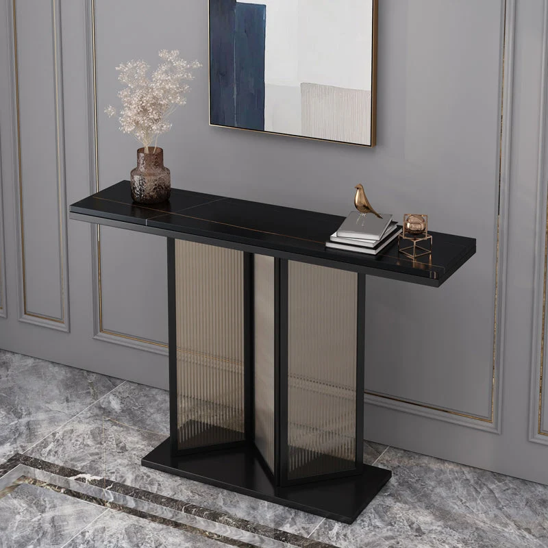 Glam Style Stone Top Console Table with Iron Pedestal Base and Glass
