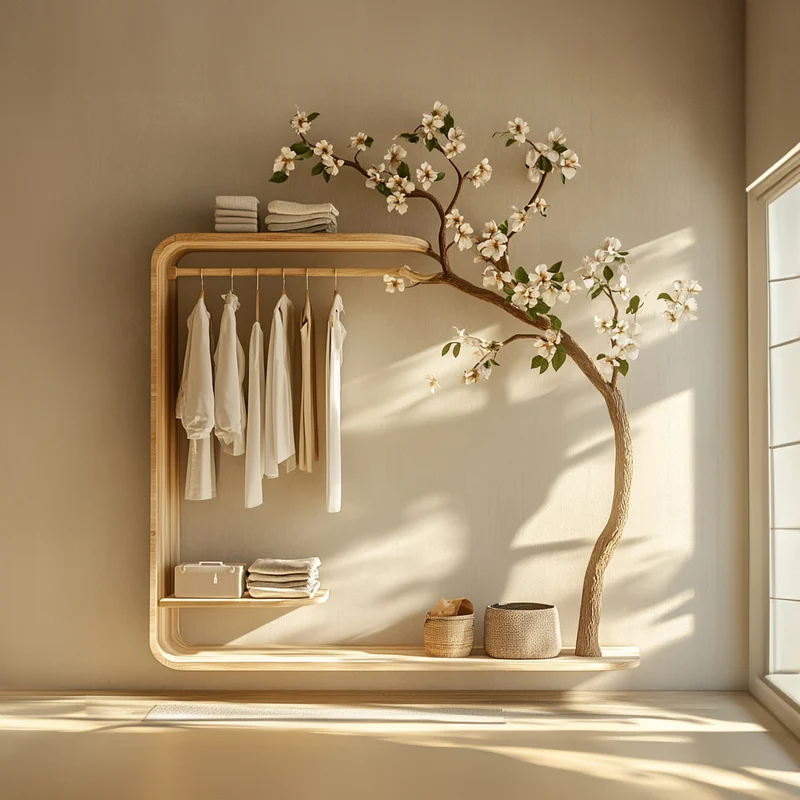 Spry Interior Minimalist Wood Tree Wardrobe, Handcrafted Solid Wood Garment Rack, Standing Clothes Coat Stand Organizer SINLKITCR062
