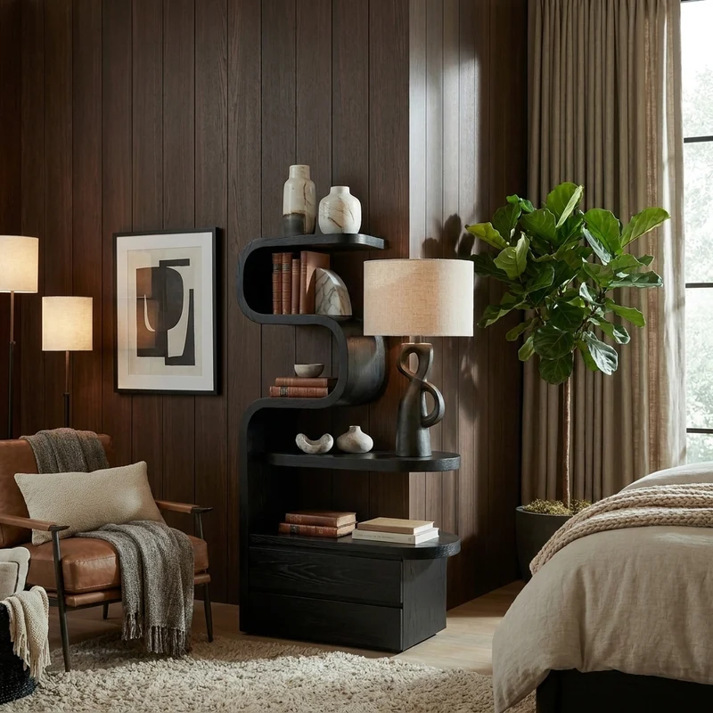 Spry Interior Sculpted Solid Wood Nightstand, Modern Bedside Table with Storage Shelves & Drawers for Bedroom, SITHTTNS014