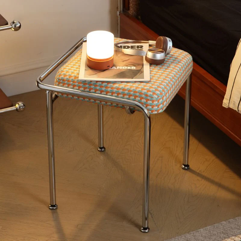 Contemporary Retro Iron Linen Fabric Upholstered Rectangular Vanity Stool For Bedroom
