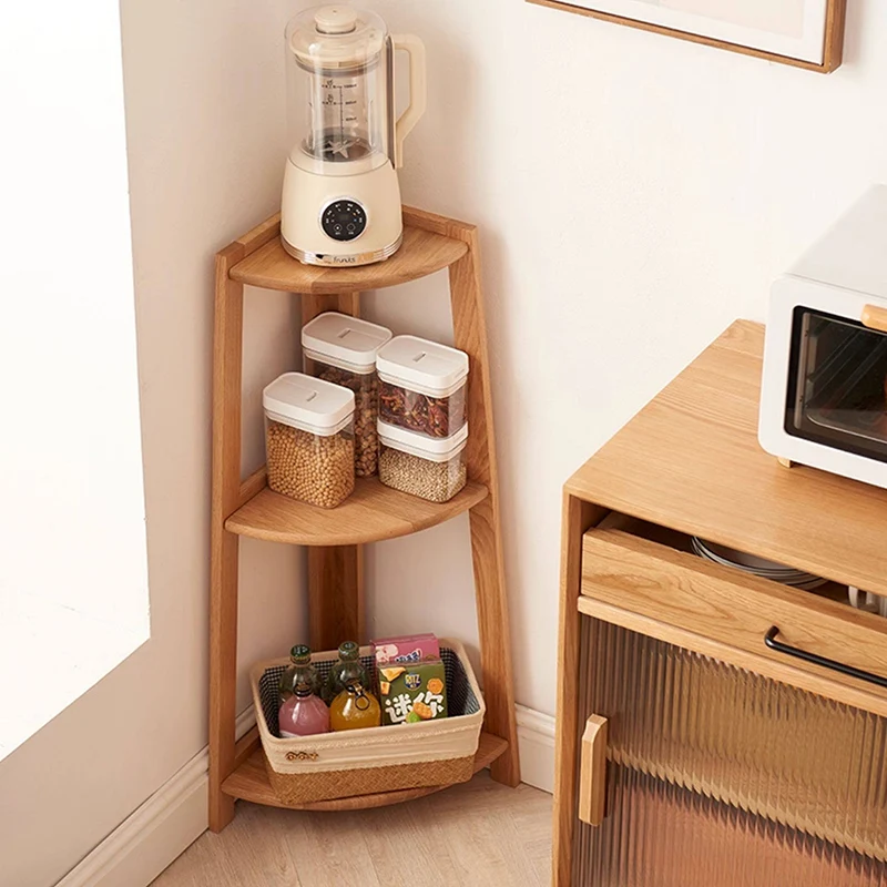 Contemporary Nordic Cylindrical Fan-Shaped Solid Oak Wood Corner Shelf Unit 3-Tier For Living Room