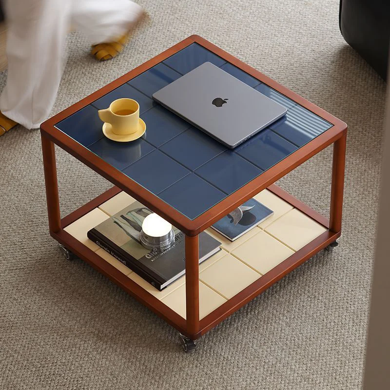 Contemporary Nordic Square Tempered Glass Rubberwood Mobile Coffee Table 2-Tier For Living Room