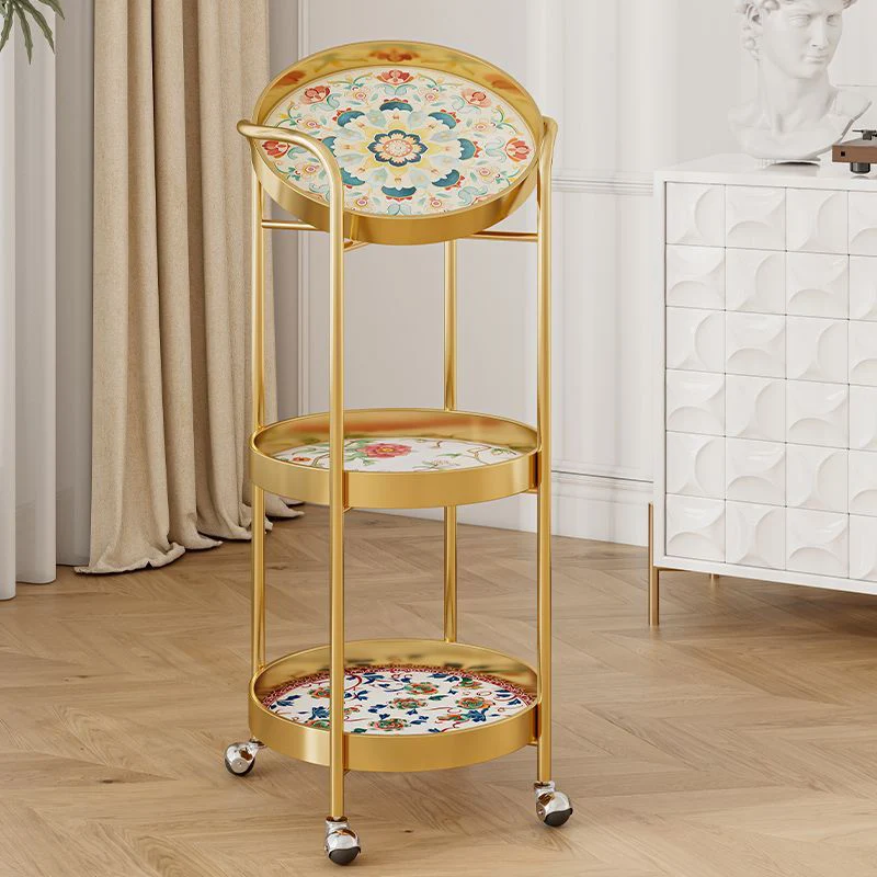 Contemporary Luxury Round Cylindrical Iron Mobile Side Table 3-Tier For Living Room