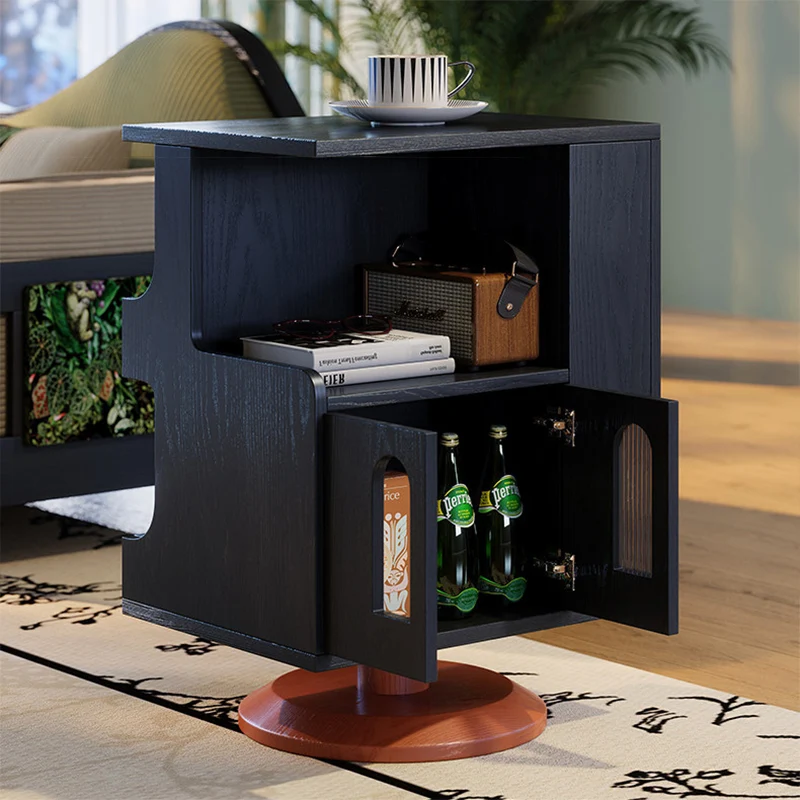 Traditional Vintage Rotating End Table - 360° Swivel Ash Wood Side Table With Open Storage Shelves For Living Room