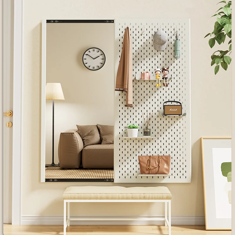 Modern Minimalist Metal & Glass Sliding Full-Length Wall Mirror With Pegboard Storage Wall-Mounted Entryway Dressing Mirror