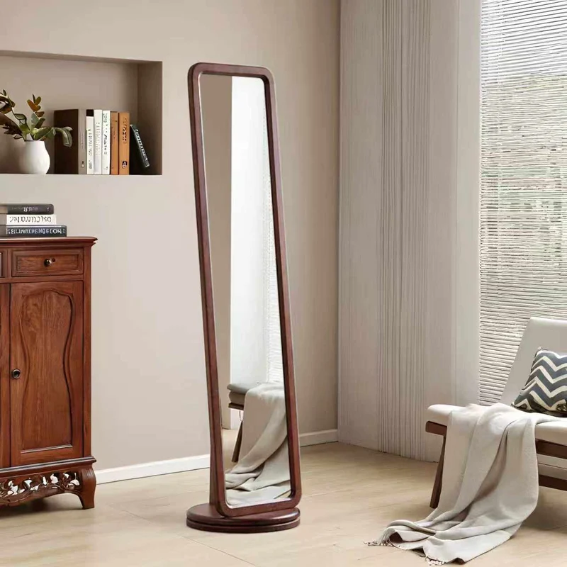 Traditional Chinese Solid Ash Wood Glass Rounded Rectangle Full-Length Floor Mirror With Swivel Coat Rack For Bedroom