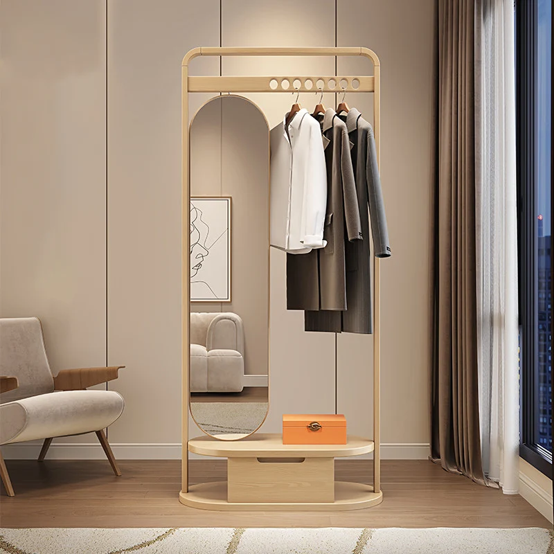 Modern Minimalist Ash Wood & Plywood Glass Rounded Edge Coat Rack Hall Tree With Swivel Full Length Mirror And Storage Drawer For Bedroom