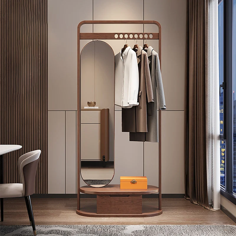Modern Minimalist Ash Wood & Plywood Glass Rounded Edge Coat Rack Hall Tree With Swivel Full Length Mirror And Storage Drawer For Bedroom