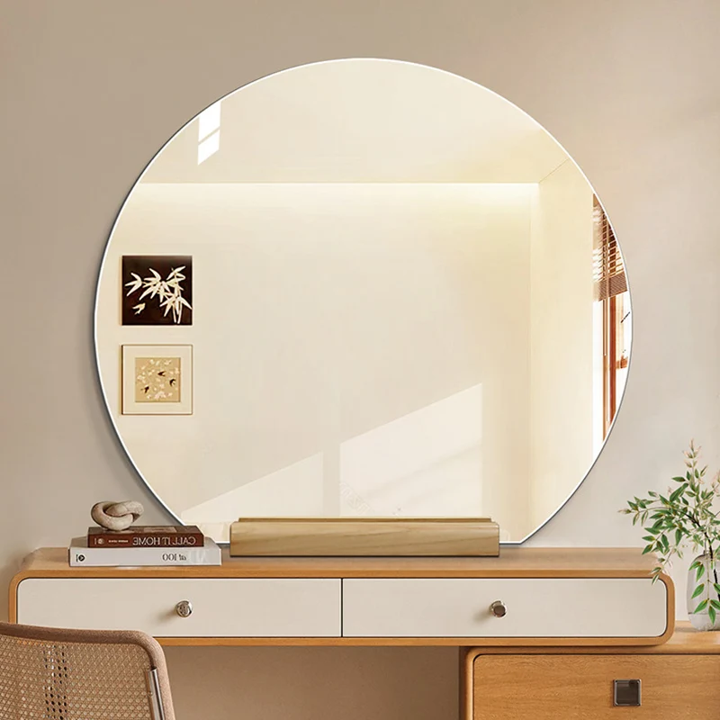 Modern Minimalist Solid Wood Glass Irregular Semicircle Mirror With Stand For Bedroom & Bathroom