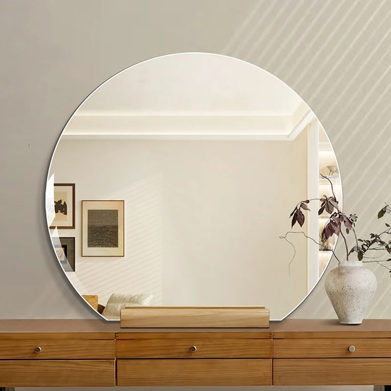 Modern Minimalist Solid Wood Glass Irregular Semicircle Mirror With Stand For Bedroom & Bathroom