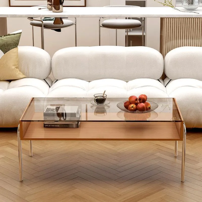 Modern Minimalist Solid Wood Tempered Glass & Stainless Steel Rectangular Coffee Table 2-Tier Living Room