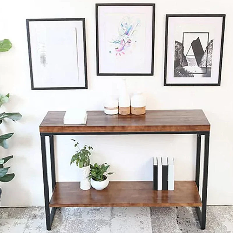 Storage Console Table Trestle Solid Wood Console Table in Brone with Shelf