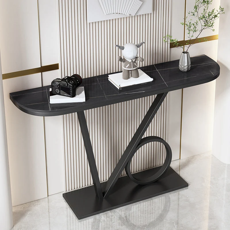 Half Moon Stone Top Console Table with Iron Pedestal Base Accent Table