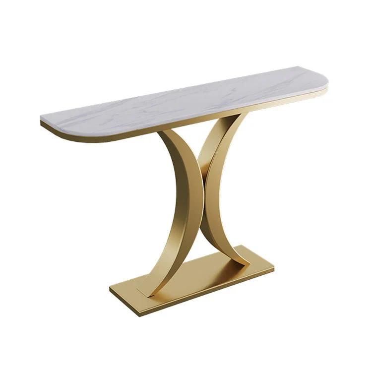 Steel Pedestal Base Console Table with Half Moon Stone Top Accent Table