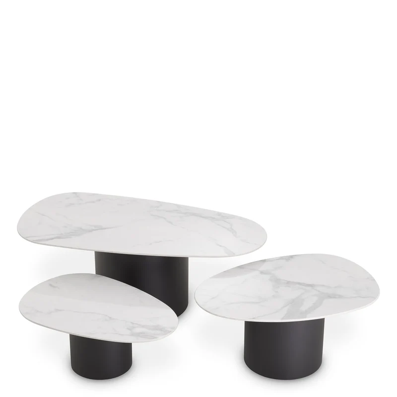 Eichholtz Couchtisch Zane – 3er-Set – Schwarz mit Keramik in Marmor-Optik