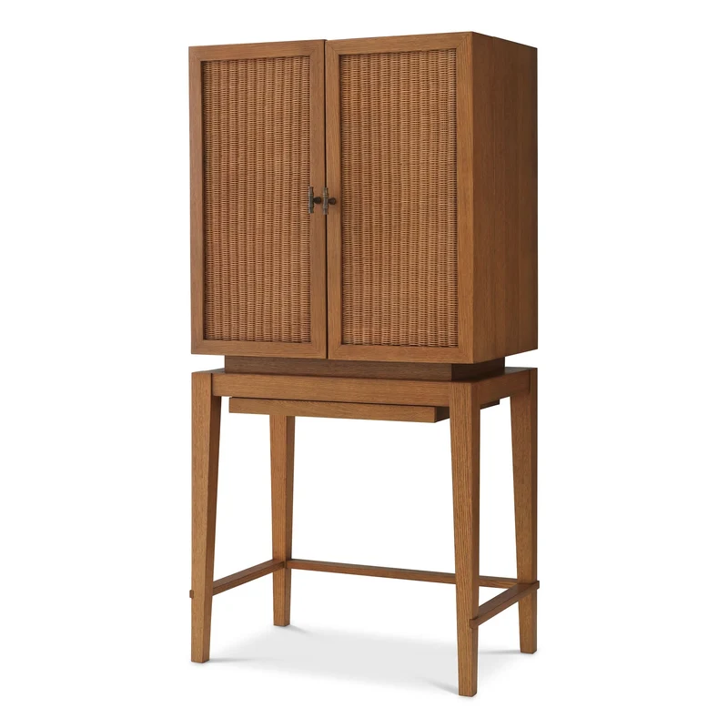 Eichholtz Bar Cabinet Borchard - Caramel Oak Veneer | Woven Rattan | Bronze Finish