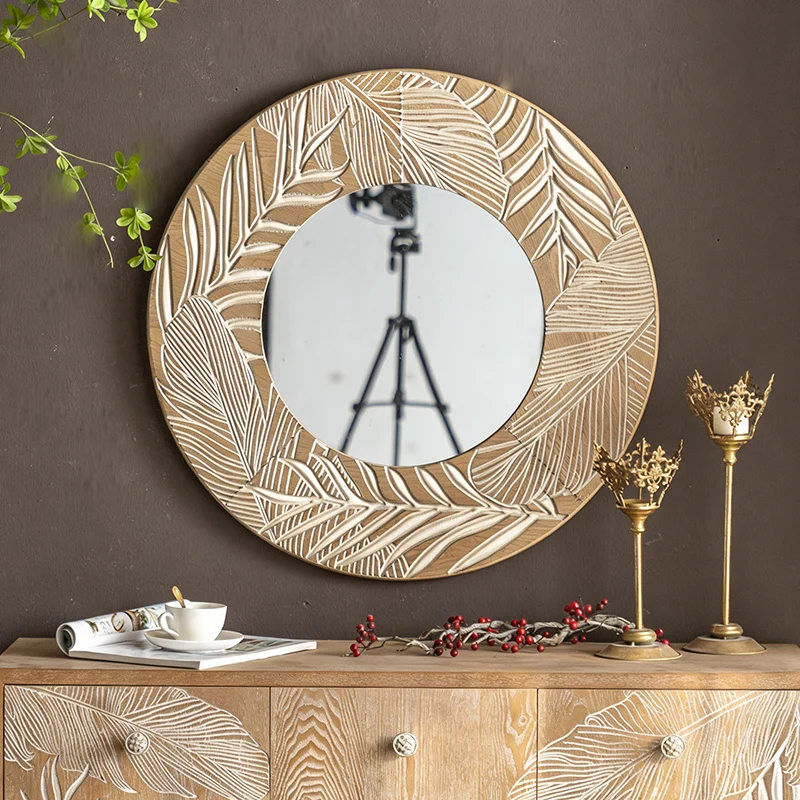 Contemporary Coastal Pine Wood Glass Round Wall Mirror For Living Room