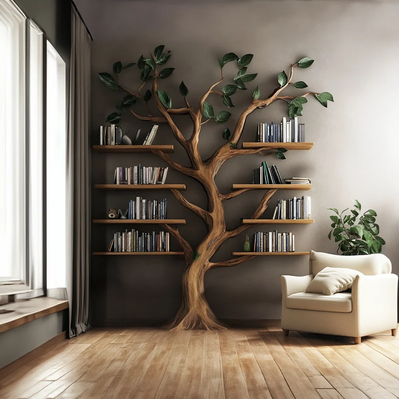 Spry Interior Rustic Tree Shaped Bookshelf, Handcrafted Solid Wood Wall Mounted Bookcase & Floating Display Shelf for Living Room Decor - SINLKITB327