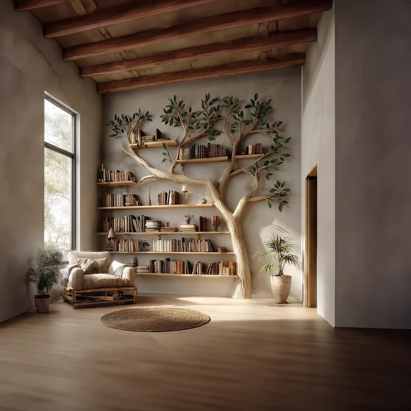 Spry Interior Rustic Tree Bookshelf, Handcrafted Solid Wood Wall Mounted Bookcase & Modern Organizer for Study Room & Living Room Decor - SINLKITB334