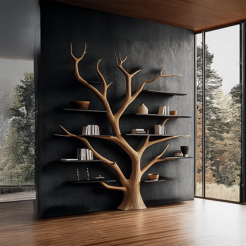 Spry Interior Rustic Artistic Tree Bookshelf, Solid Wood Wall Mounted Bookcase & Decorative Shelving Unit for Home Library & Living Room - SINLSATB346