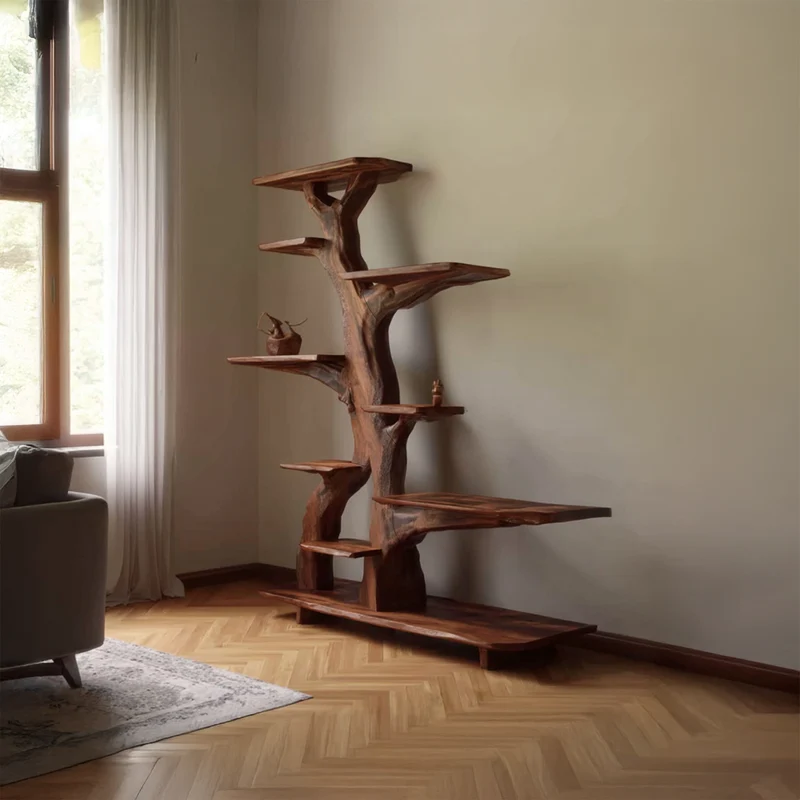 Spry Interior Rustic Free Standing Tree Bookshelf, Handcrafted Solid Wood Bookcase & Organizer for Living Room and Dining Room Storage - SINLSATB450