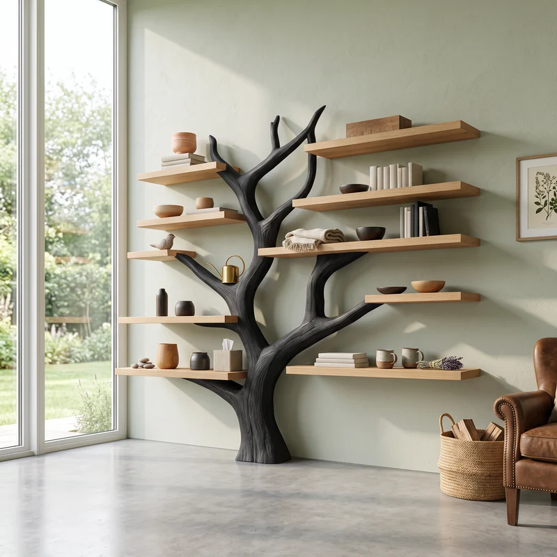 Spry Interior Rustic Tree Bookshelf, Solid Wood Wall Mounted Bookcase & Cozy Floating Storage Shelf for Bedroom or Living Room Decor - SINLSATB348