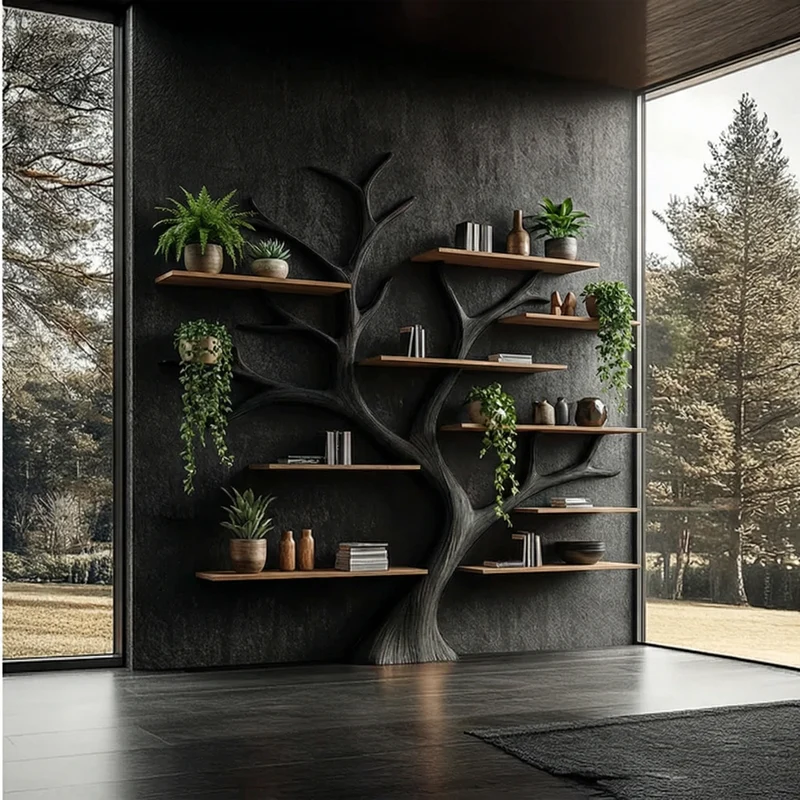 Spry Interior Rustic Wide Tree Bookshelf, Solid Wood Multi-Tier Floating Wall Bookcase for Home Office, Living Room Display & Storage - SINLSATB347
