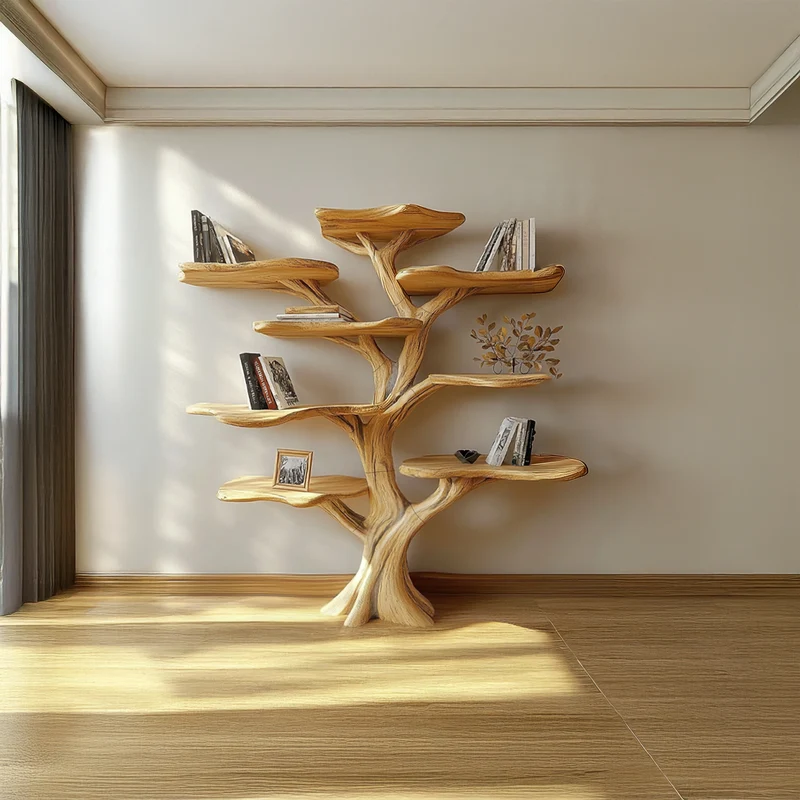 Spry Interior Artistic Mushroom Tree Bookshelf, Handcrafted Solid Wood Bookcase for Living Room & Home Office Display, Large Wall Shelf - SINLSATB454