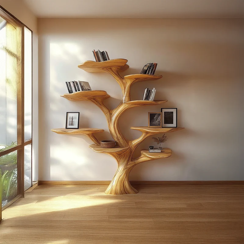 Spry Interior Rustic Mushroom Shaped Tree Bookshelf, Solid Wood Decorative Bookcase & Wall Organizer for Office & Living Room Decor - SINLSATB453