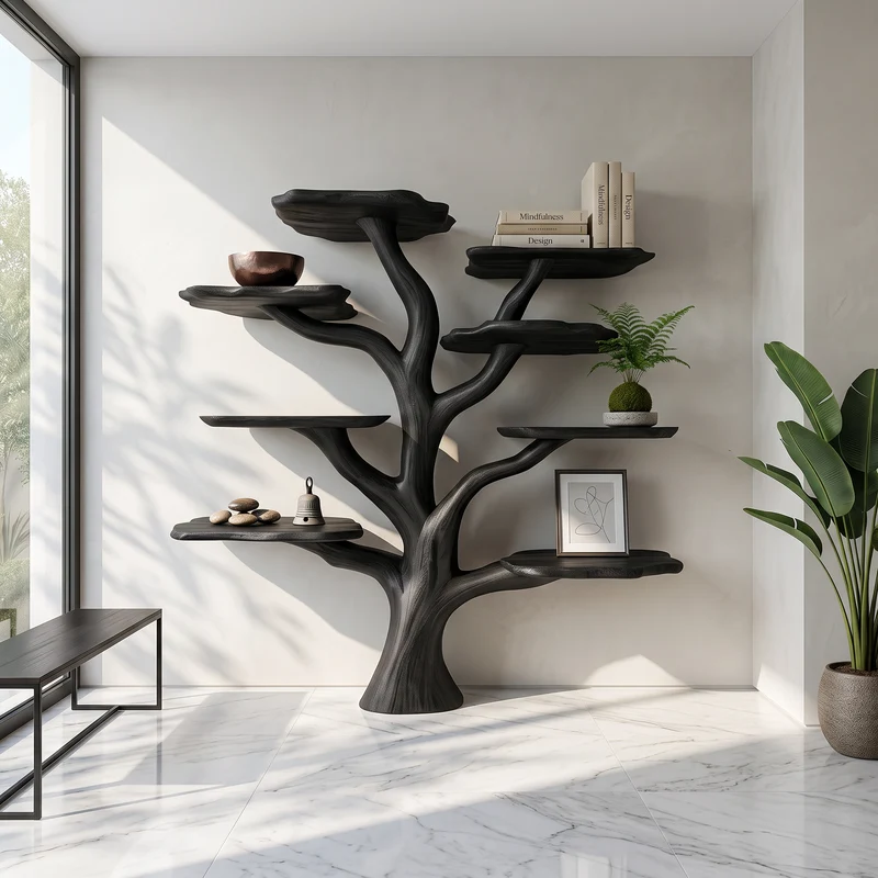 Spry Interior Rustic Mushroom Branch Bookshelf, Solid Wood Wall Mounted Bookcase & Floating Display Shelf for Living Room or Dining Room - SINLSATB452