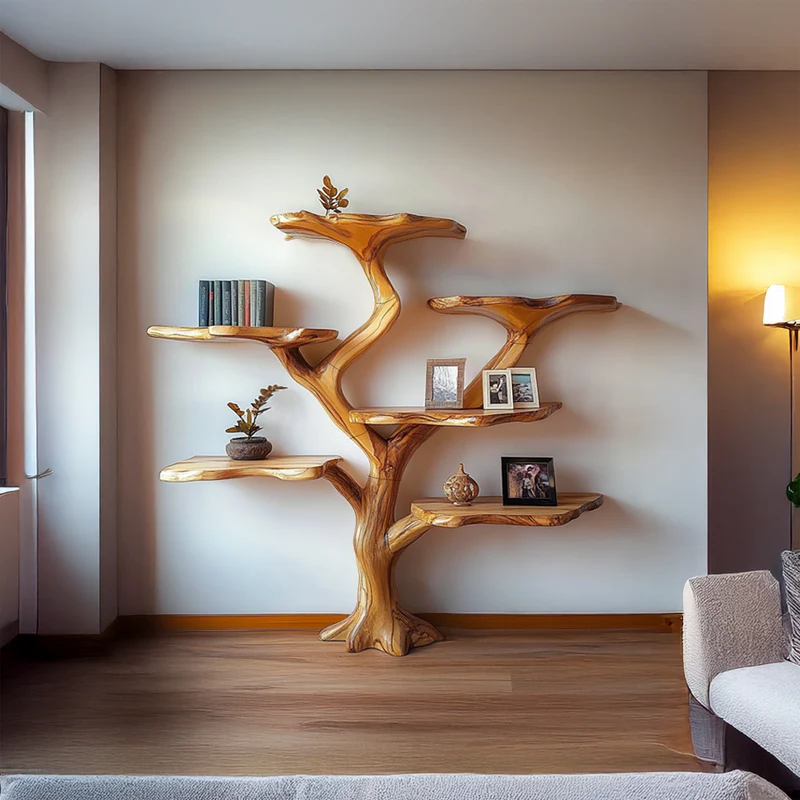 Spry Interior Rustic Mushroom Tree Bookshelf, Solid Wood Wall Hanging Bookcase & Artistic Display Unit for Living Room & Bedroom Decor - SINLSATB451