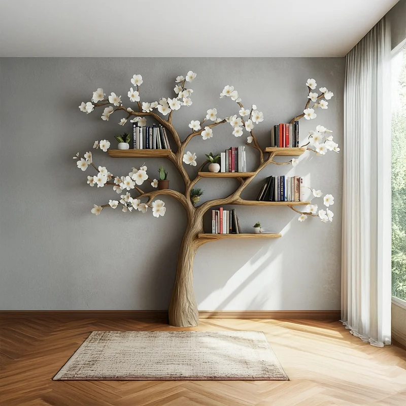 Spry Interior Rustic Flower Tree Wood Bookshelf, Floating Branch Shelf & Wall Display Storage Organizer for Living Room, Bedroom SINLSATB458