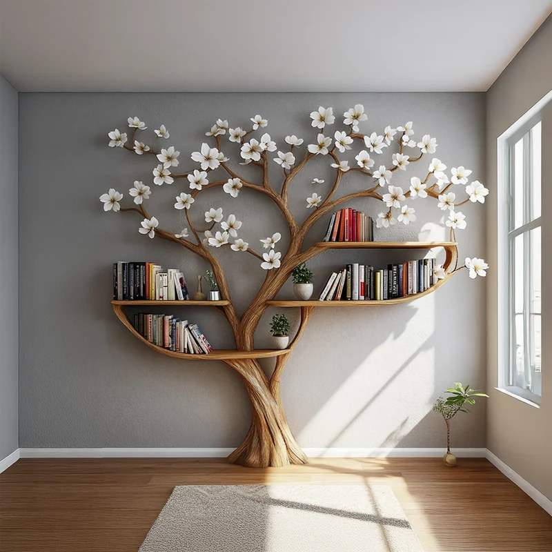 Spry Interior Rustic Tree Shaped Wood Bookshelf, Flower Design Branch Bookcase & Storage Organizer for Living Room, Bedroom SINLSATB456